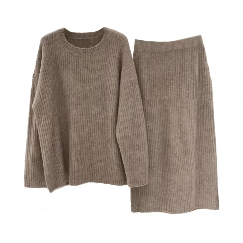 Dames set met oversized trui en midirok – geribbelde gebreide co-ord voor herfst en winter