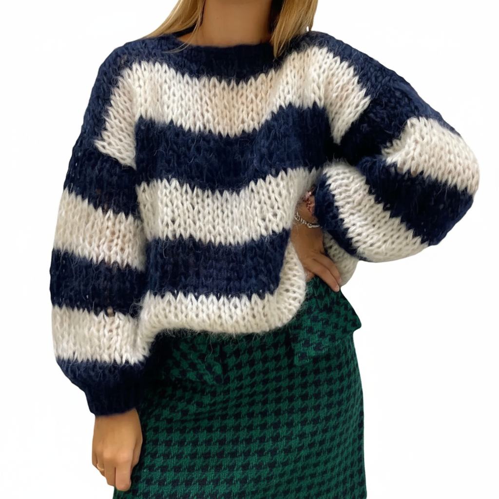 Women’s Chunky Knit Sweater with Wide Stripes and Balloon Sleeves