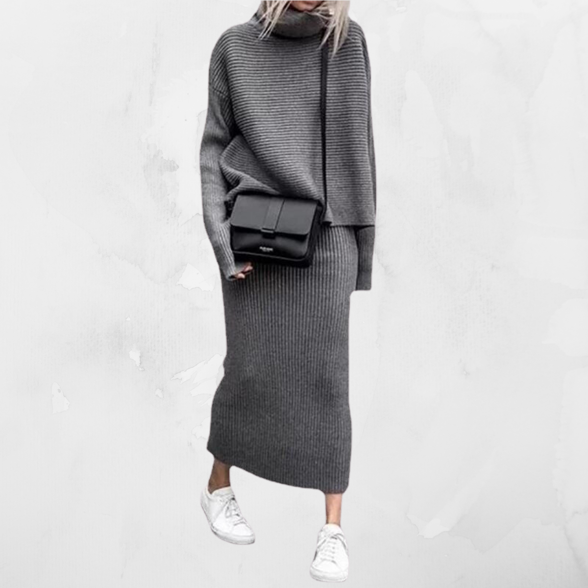 Women’s Ribbed Roll-Neck Skirt Co-Ord – Relaxed Long-Sleeve Jumper with Straight Long Skirt for Autumn and Winter