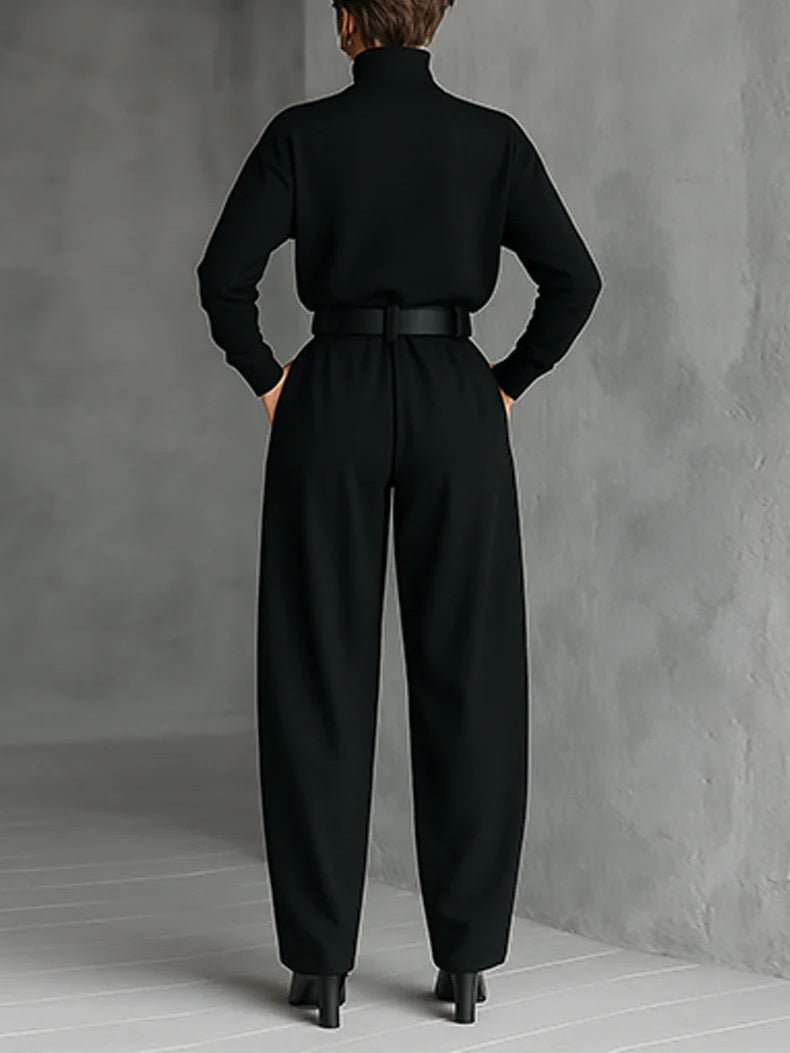 Women’s Belted Roll-Neck Trouser Set – Soft Cotton-Blend Co-Ord for Autumn Office and Evening Wear