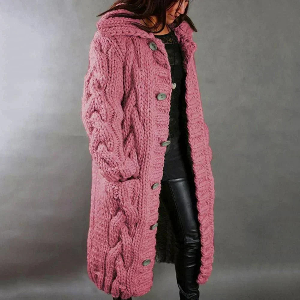 Lange kabelgebreide cardigan voor dames – dikke winterlaag met capuchon en zakken