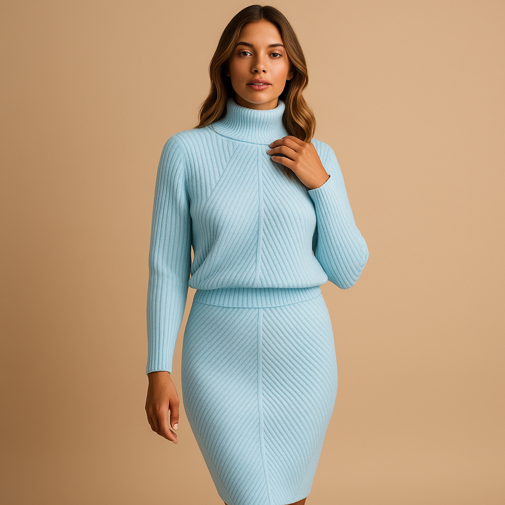 Gebreide tweedelige set met geribbelde col voor dames – trui met lange mouwen en midirok voor herfst, winter, kantoor, reizen en smart casual