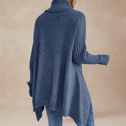 Women’s Oversized Roll-Neck Sweater with Ribbed Long Sleeves and Draped Hem for Comfortable Cold-Weather Layering