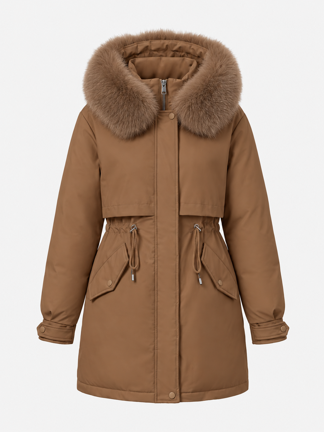 Weerbestendige dames winterparka met capuchon van imitatiebont en trekkoord in de taille – winterjas voor koud weer