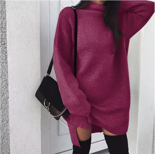 Truijurk van wol en kasjmier voor dames met hoge hals en splitten opzij – oversized gebreide minijurk voor behaaglijke kleding in herfst en winter