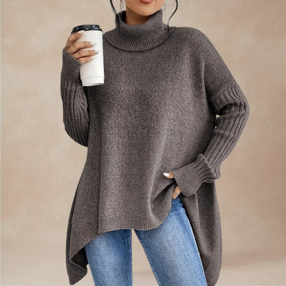 Women’s Oversized Roll-Neck Sweater with Ribbed Long Sleeves and Draped Hem for Comfortable Cold-Weather Layering