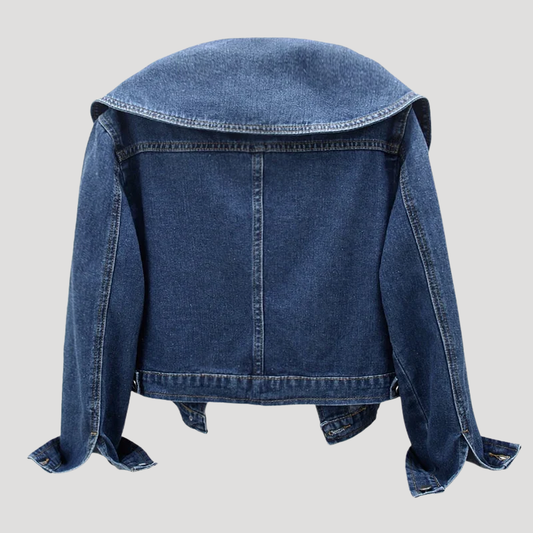 Korte damesspijkerjas met oversized kraag en lange mouwen