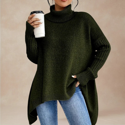 Women’s Oversized Roll-Neck Sweater with Ribbed Long Sleeves and Draped Hem for Comfortable Cold-Weather Layering