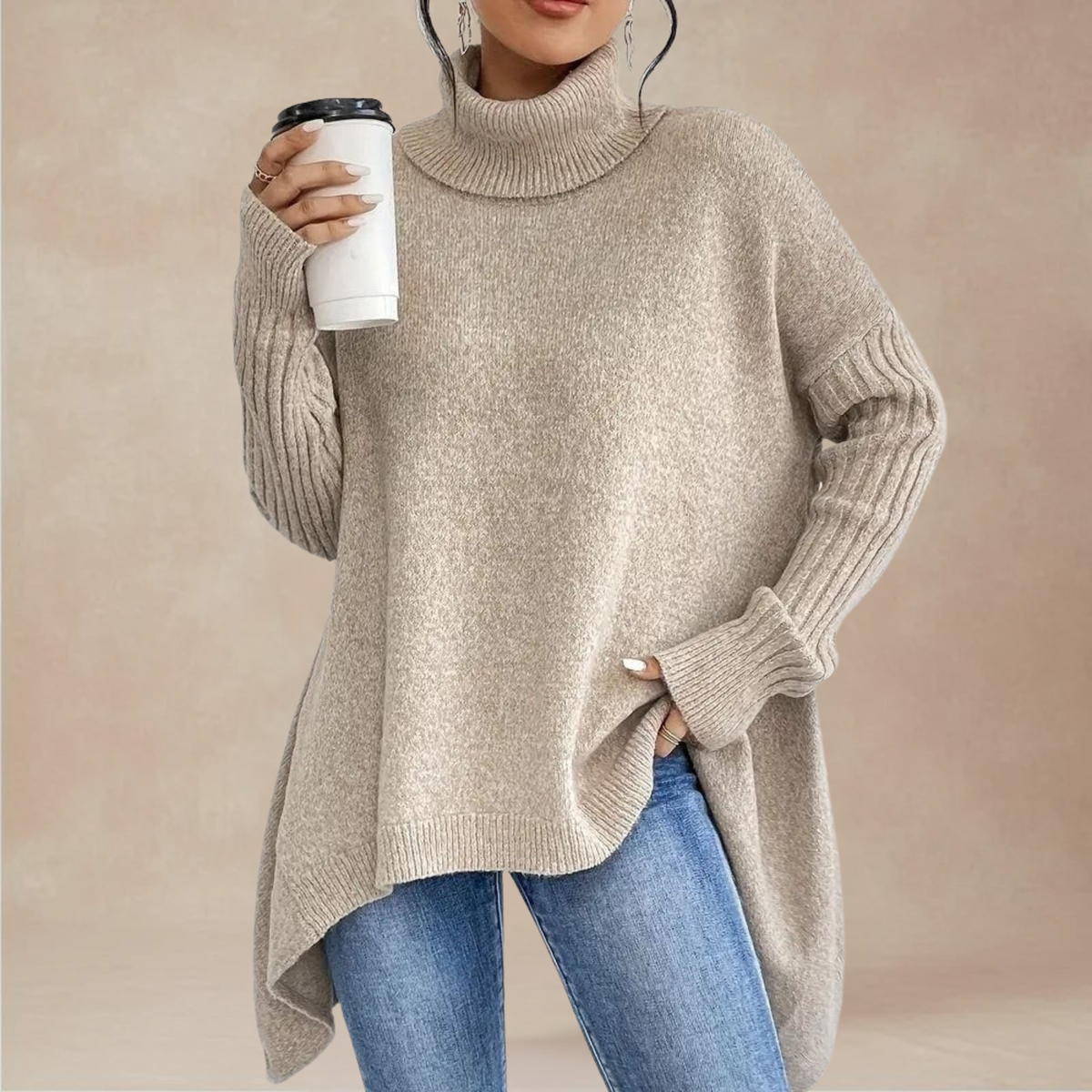 Women’s Oversized Roll-Neck Sweater with Ribbed Long Sleeves and Draped Hem for Comfortable Cold-Weather Layering