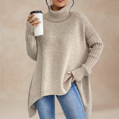 Women’s Oversized Roll-Neck Sweater with Ribbed Long Sleeves and Draped Hem for Comfortable Cold-Weather Layering
