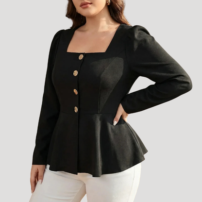 Women's Blouse Peplum Top Square Neck Long Sleeve Button Front