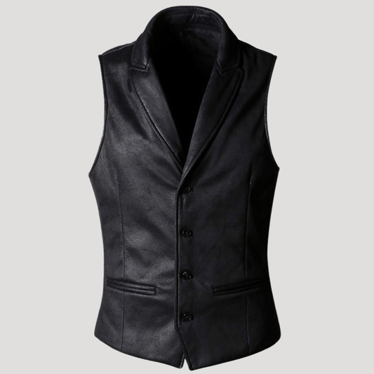 Zwart lederen herengilet met V-hals en knopen, mouwloos