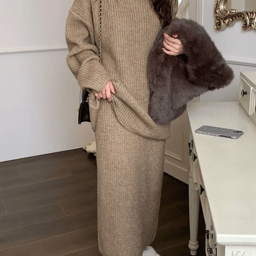 Dames set met oversized trui en midirok – geribbelde gebreide co-ord voor herfst en winter