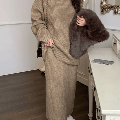 Dames set met oversized trui en midirok – geribbelde gebreide co-ord voor herfst en winter