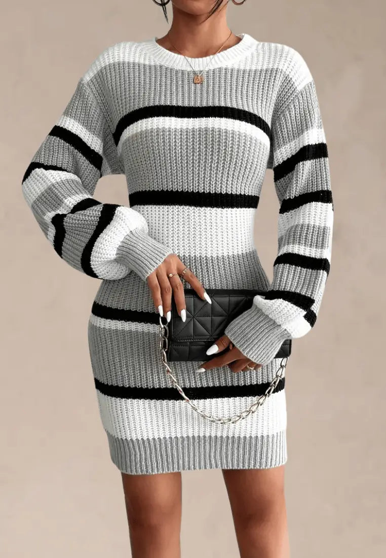 Aansluitende geribbelde gebreide mini-truijurk voor dames – bodycon truijurk met lange mouwen en ronde hals voor herfst en winter