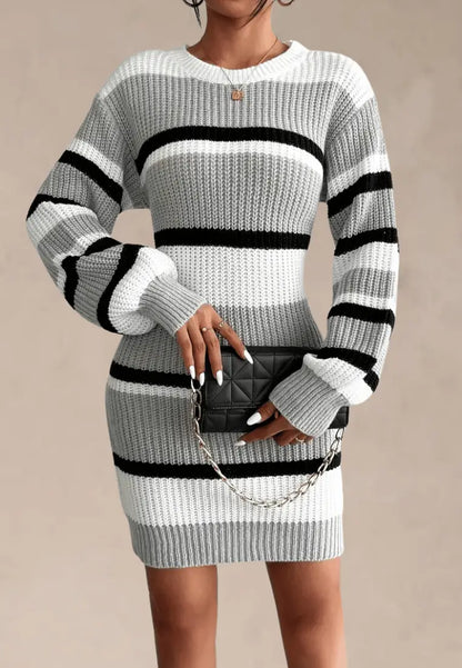 Aansluitende geribbelde gebreide mini-truijurk voor dames – bodycon truijurk met lange mouwen en ronde hals voor herfst en winter