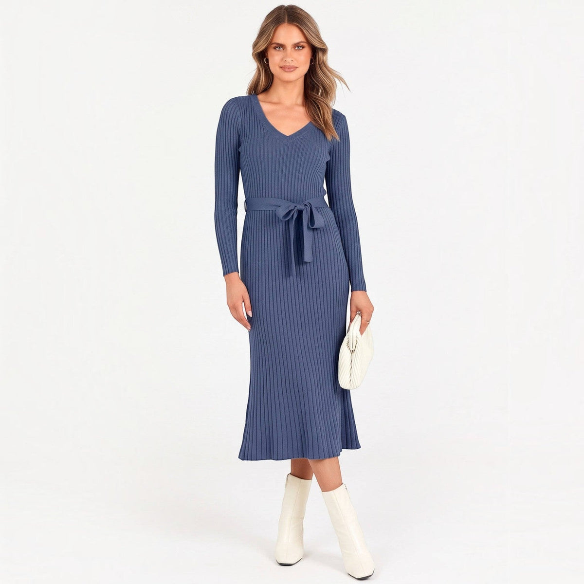 Dames midi-jurk van kabelbreisel voor de herfst, trui-jurk met V-hals en lange mouwen, outfit voor het seizoen 2026