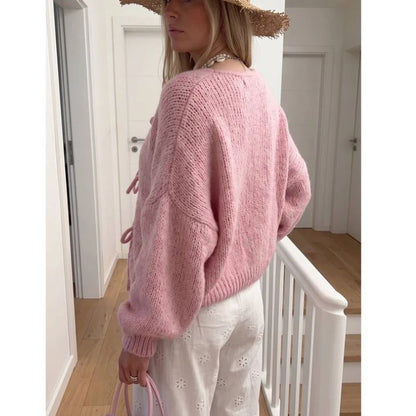 Womens Tie Front Bow Cardigan Sweater, Cozy Chunky Knit Long Puff Sleeve Open Front Sweater Jacket
