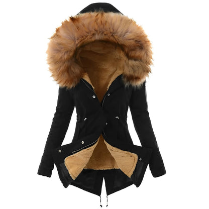 Weerbestendige dames winterparka met capuchon van imitatiebont – warme, getailleerde lange laag voor dagelijks gebruik bij koud weer