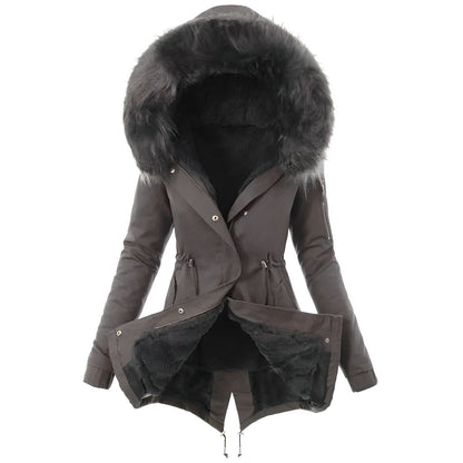 Weerbestendige dames winterparka met capuchon van imitatiebont – warme, getailleerde lange laag voor dagelijks gebruik bij koud weer