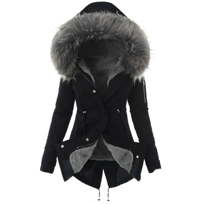 Weerbestendige dames winterparka met capuchon van imitatiebont – warme, getailleerde lange laag voor dagelijks gebruik bij koud weer