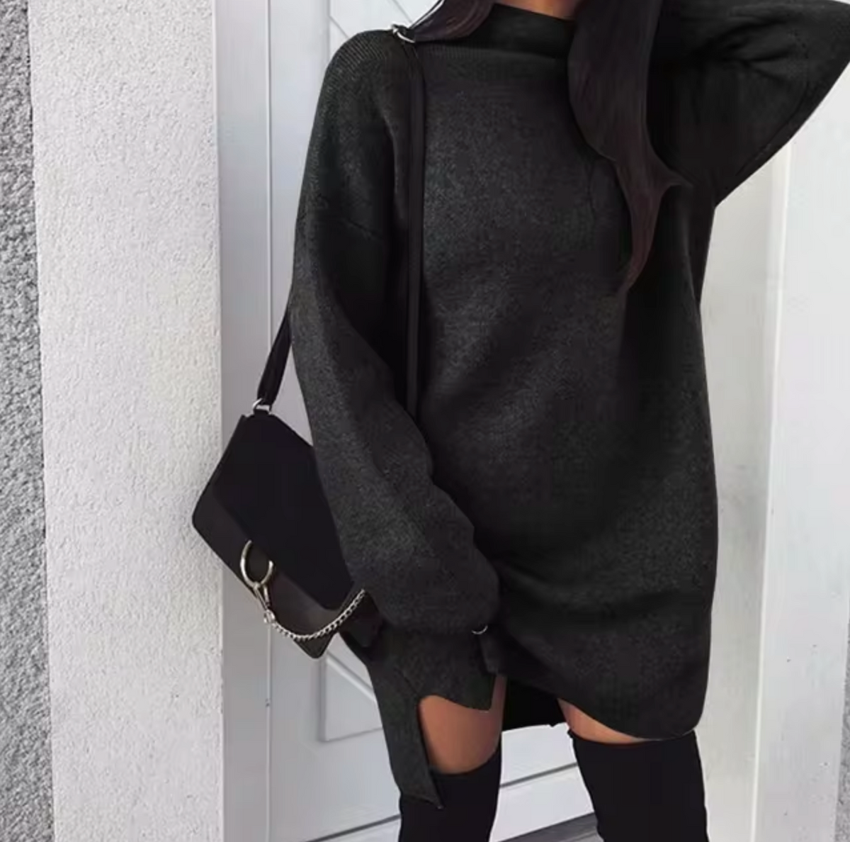 Women’s Wool and Cashmere Sweater Dress with High Neck and Side Splits – Oversized Knitted Mini Style for Cosy Autumn and Winter Dressing