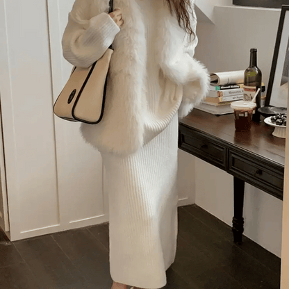 Dames set met oversized trui en midirok – geribbelde gebreide co-ord voor herfst en winter