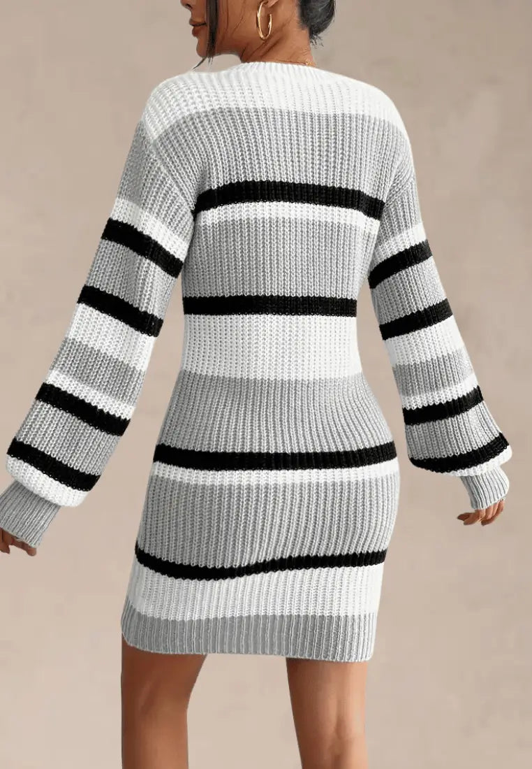 Aansluitende geribbelde gebreide mini-truijurk voor dames – bodycon truijurk met lange mouwen en ronde hals voor herfst en winter