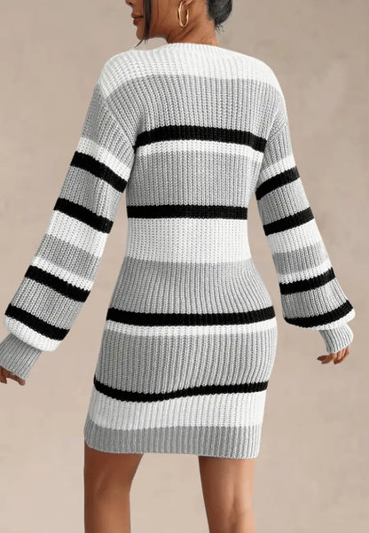 Aansluitende geribbelde gebreide mini-truijurk voor dames – bodycon truijurk met lange mouwen en ronde hals voor herfst en winter