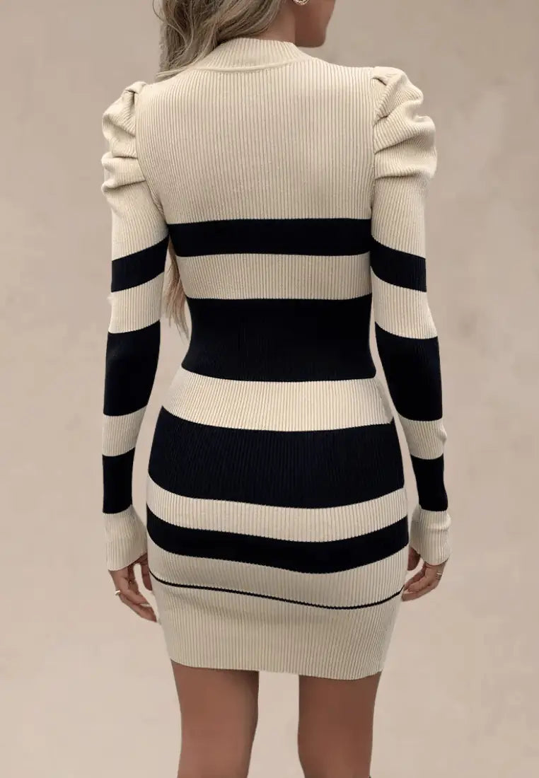 Women's Fitted Ribbed Knit Mini Sweater Dress – Long Sleeve Puff Shoulder Round Neck Bodycon Dress for Autumn and Winter