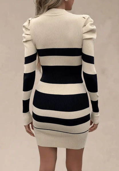 Women's Fitted Ribbed Knit Mini Sweater Dress – Long Sleeve Puff Shoulder Round Neck Bodycon Dress for Autumn and Winter