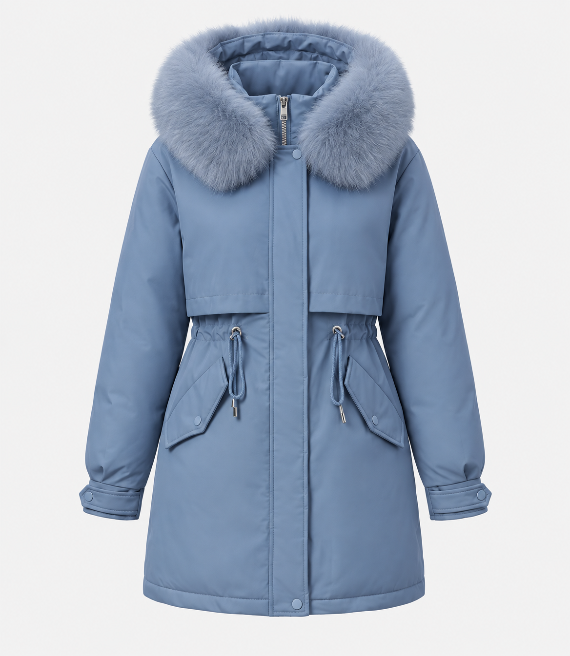 Weerbestendige dames winterparka met capuchon van imitatiebont en trekkoord in de taille – winterjas voor koud weer