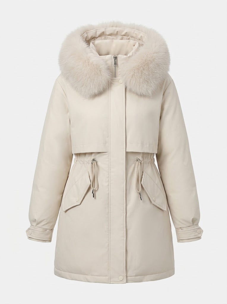 Weerbestendige dames winterparka met capuchon van imitatiebont en trekkoord in de taille – winterjas voor koud weer