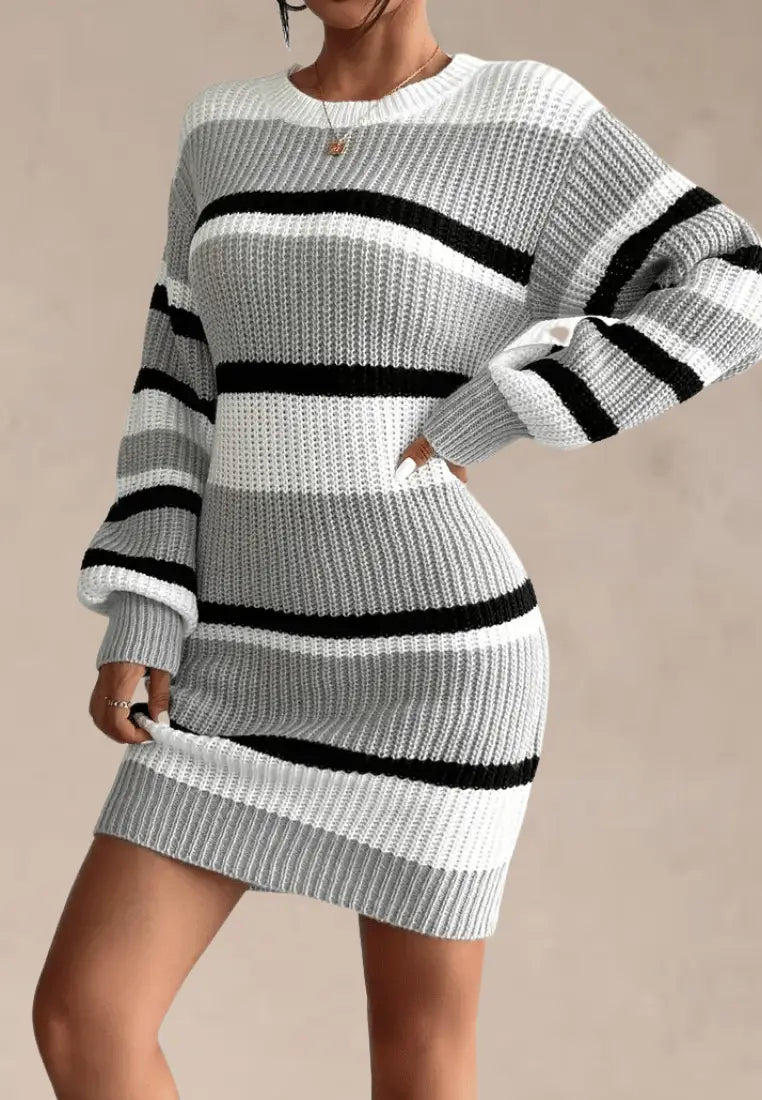 Aansluitende geribbelde gebreide mini-truijurk voor dames – bodycon truijurk met lange mouwen en ronde hals voor herfst en winter