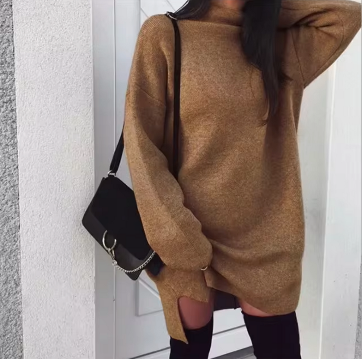 Women’s Wool and Cashmere Sweater Dress with High Neck and Side Splits – Oversized Knitted Mini Style for Cosy Autumn and Winter Dressing