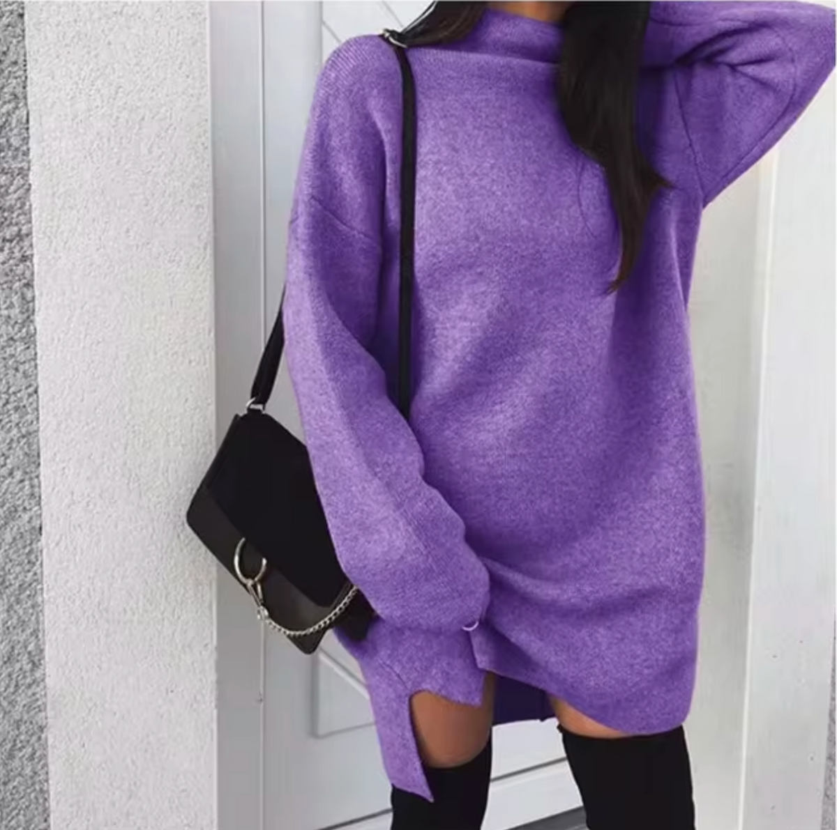 Women’s Wool and Cashmere Sweater Dress with High Neck and Side Splits – Oversized Knitted Mini Style for Cosy Autumn and Winter Dressing