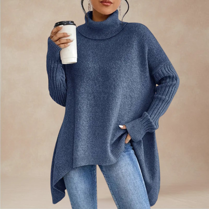 Women’s Oversized Roll-Neck Sweater with Ribbed Long Sleeves and Draped Hem for Comfortable Cold-Weather Layering