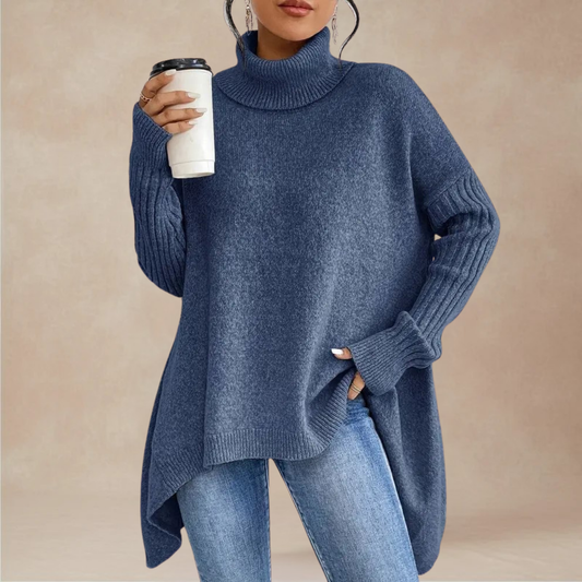 Oversized trui met rolkraag voor dames, geribbelde lange mouwen en vallende zoom, voor comfortabel lagen bij koud weer