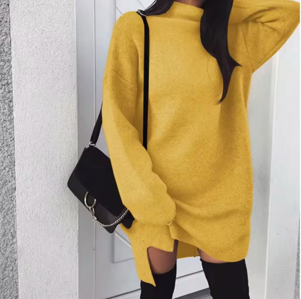 Women’s Wool and Cashmere Sweater Dress with High Neck and Side Splits – Oversized Knitted Mini Style for Cosy Autumn and Winter Dressing