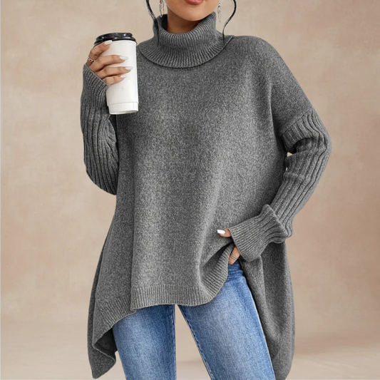 Oversized trui met rolkraag voor dames, geribbelde lange mouwen en vallende zoom, voor comfortabel lagen bij koud weer