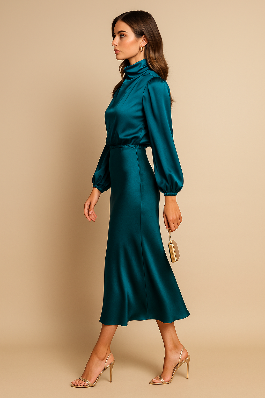 Krista | Elegante satijnen avondjurk met lange mouwen