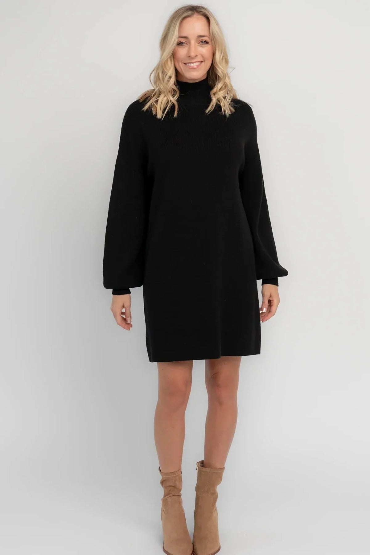 Mock Neck Sweater Dress with Long Balloon Sleeves and Ribbed Details, Black