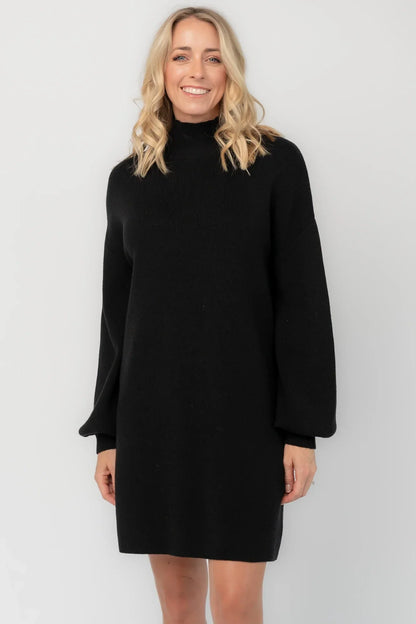 Mock Neck Sweater Dress with Long Balloon Sleeves and Ribbed Details, Black
