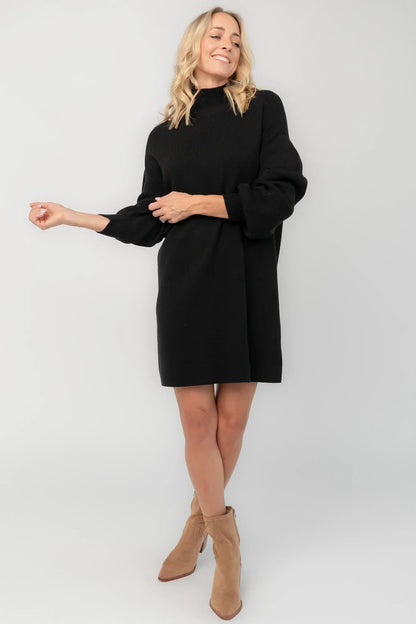 Mock Neck Sweater Dress with Long Balloon Sleeves and Ribbed Details, Black