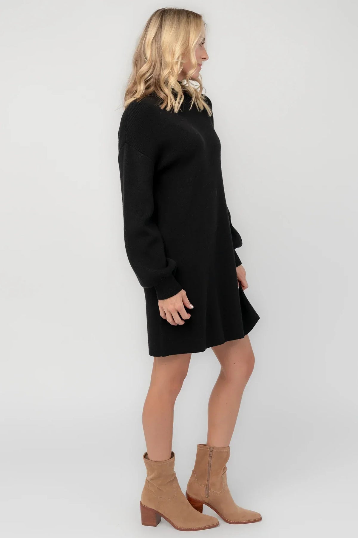 Mock Neck Sweater Dress with Long Balloon Sleeves and Ribbed Details, Black