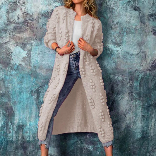 Lange gestructureerde cardigan voor dames – gebreid katoenmengsel met open voorkant voor herfst en winter