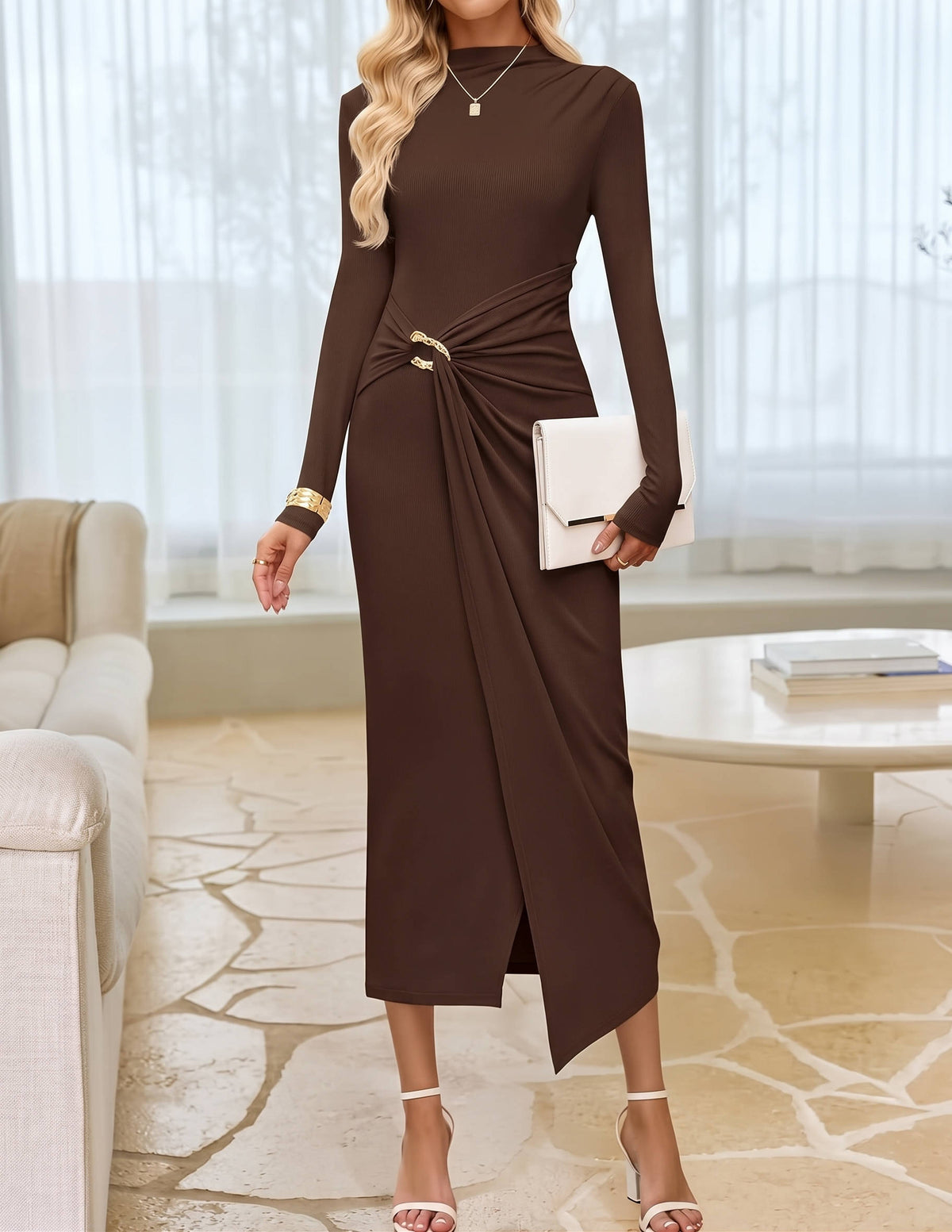 Dames midi-jurk met lange mouwen, bruiloftsgastjurk voor de herfst voor elegante najaarsevenementen