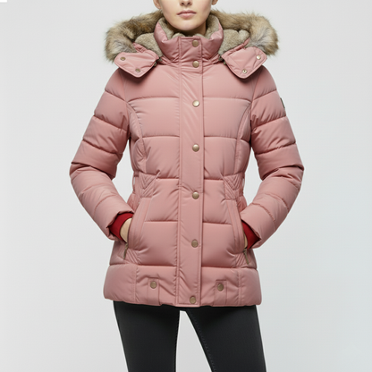 Gewatteerde weerbestendige damesjas met capuchon en imitatiebont – beschermende gewatteerde laag voor koude dagen