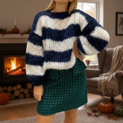 Women’s Chunky Knit Sweater with Wide Stripes and Balloon Sleeves
