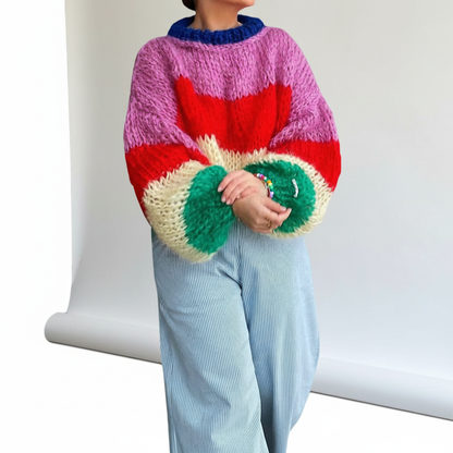 Women’s Chunky Knit Sweater with Wide Stripes and Balloon Sleeves